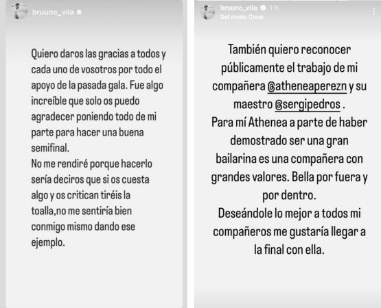 Escrito de Bruno Vila en su Instagram, en respuesta a la situación humillante que sufrió en la undécima gala de &quot;Bailando con las estrellas&quot;.