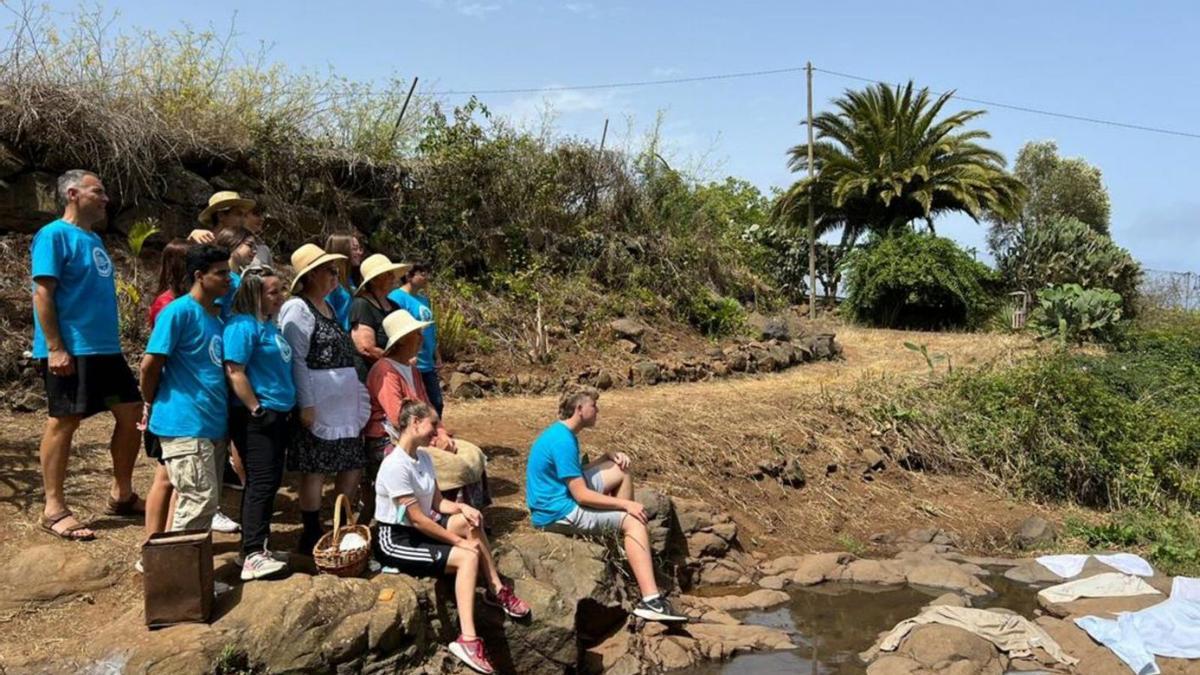 Mayores y jóvenes lavan ropa en un charco de San Jerónimo, en el municipio de Tacoronte.