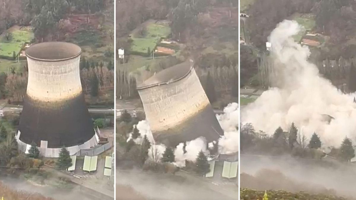 Desde el aire: así fue la espectacular demolición de la central térmica de Soto de la Barca