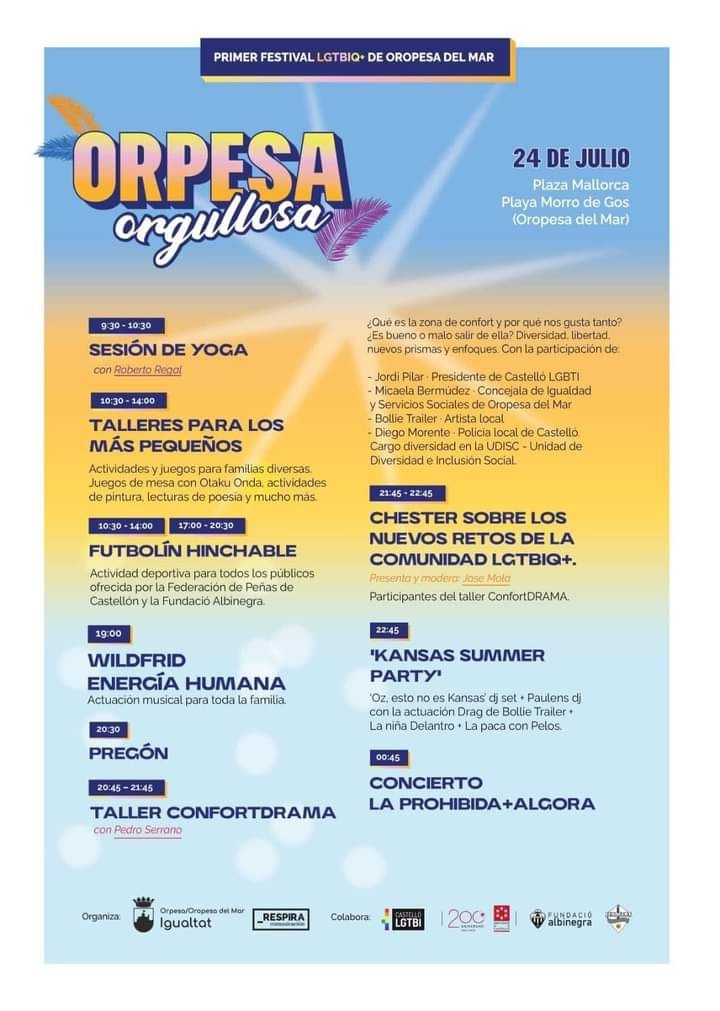 Cartel con las actividades del festival Orpesa Orgullosa.