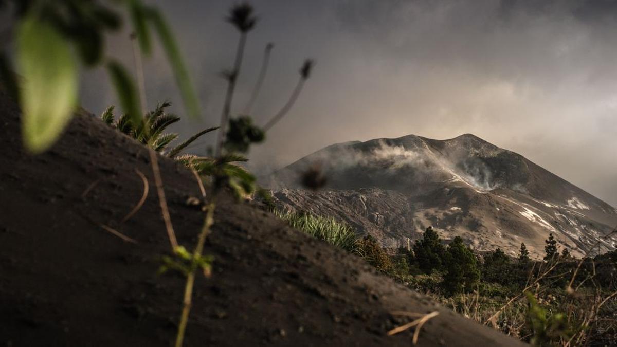 El volcán de La Palma con una intensa desgasificación desde su cráter principal.