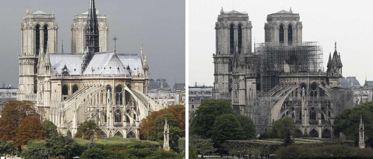 Comparativa del aspecto de Notre Dame antes y despuÃ©s del incendio del pasado lunes.