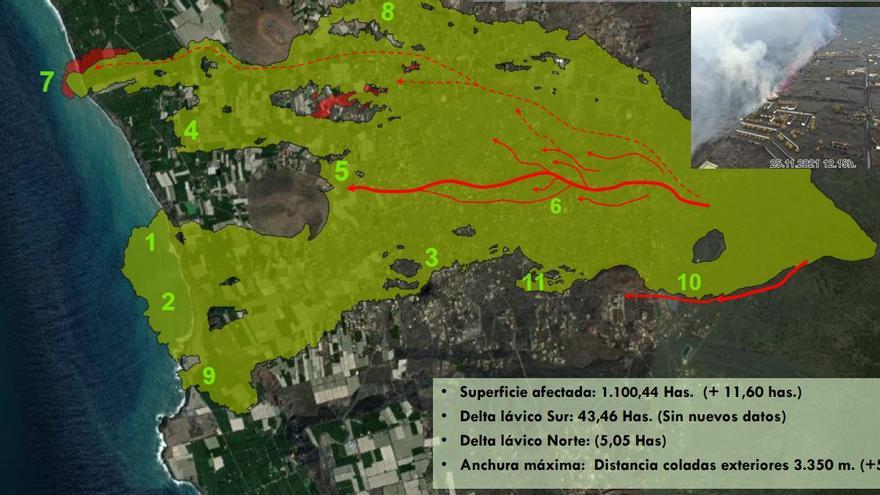 Actualización de la superficie afectada por las coladas de lava en la Palma.