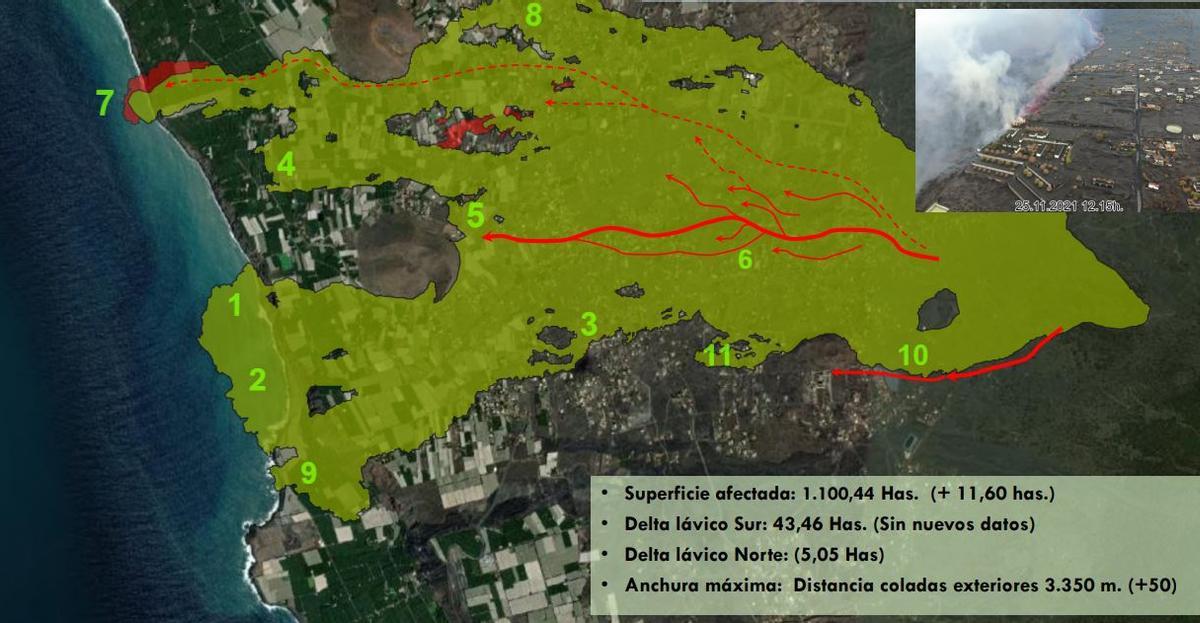 Actualización de la superficie afectada por las coladas de lava en la Palma.