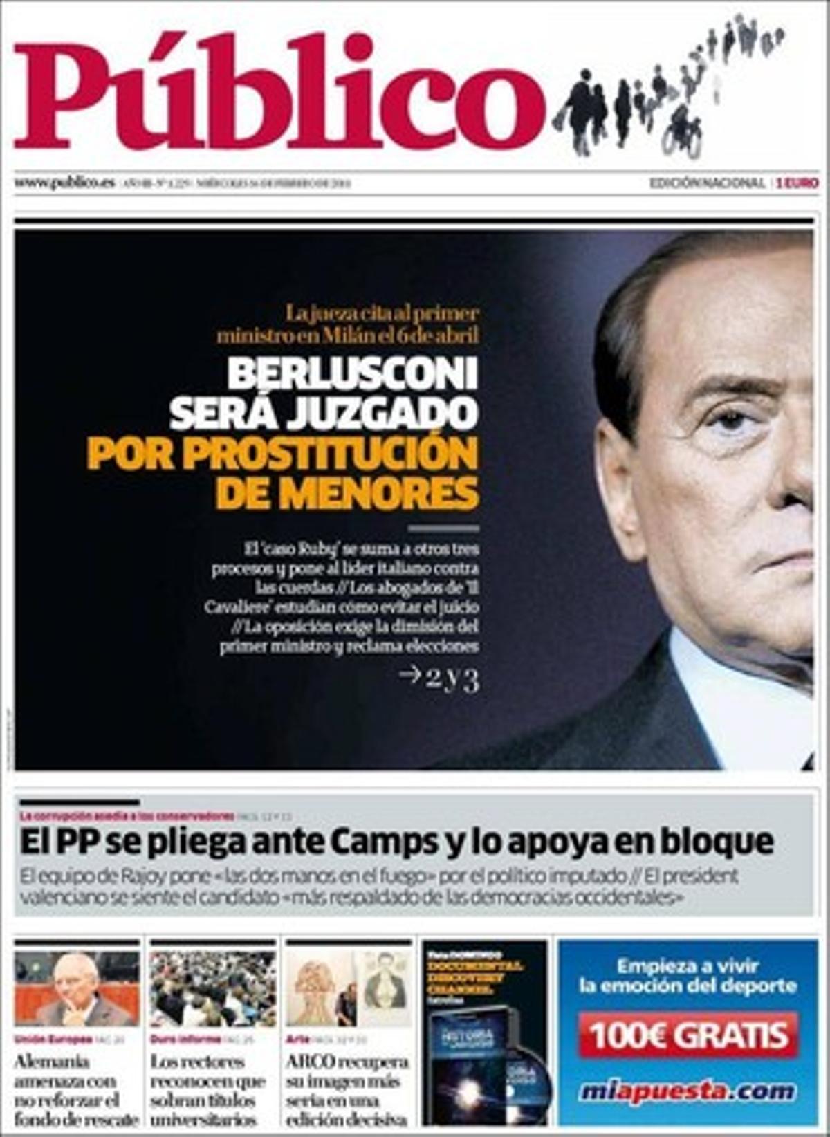 ’Público’ explica també a dins que el Govern espanyol incentivarà la fusió de municipis i que Manuel Chaves obre un debat sobre l’eliminació de les diputacions; que Lissavetzky i Gómez arriben a un acord per a la candidatura del PSOE madrileny del 22-M, i que els rectors admeten l’excés de títols universitaris.