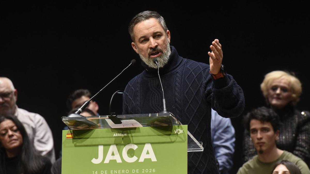 El líder nacional de Vox, Santiago Abascal durante un mitin en Jaca, Aragón.