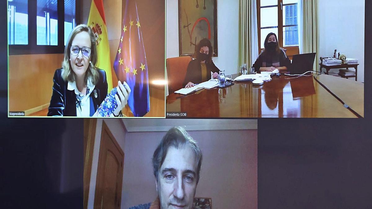 La vicepresidenta Calviño, por videoconferencia con Armengol, la consellera y el director general.