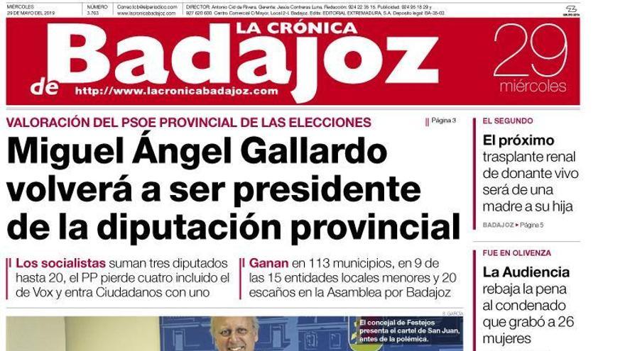 Esta es la portada de LA CRÓNICA DE BADAJOZ correspondiente al día 29 de mayo del 2019