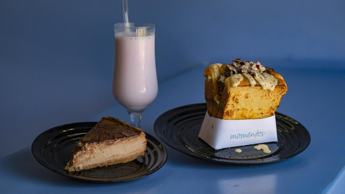 Un sándwich de estilo coreano, tarta casera de queso con nutella y batido de ube