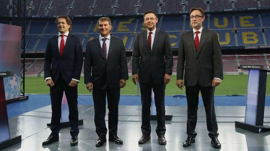 Freixa, Laporta, Bartomeu y Benedito, antes del debate de candidatos de las anteriores elecciones. // Efe