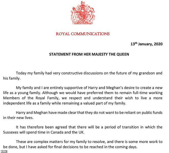 Carta de la reina Isabel II sobre su liberación a Meghan y Harry