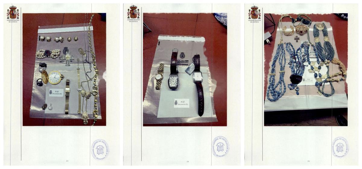 Combo con algunas de las joyas y relojes que aparecen en el informe de la UDEF al que ha tenido acceso EFE. La UDEF intervino en la caja fuerte del despacho del expresidente del Gobierno José Luis Rodríguez Zapatero numerosas joyas y relojes, así como dos memorias USB, dos discos duros y varias carpetas con documentación con el nombre de empresas que aparecen en la investigación del caso Plus Ultra. EFE/Informe de la UDEF al que ha tenido acceso EFE -SÓLO USO EDITORIAL/SOLO USO PERMITIDO PARA ILUSTRAR LA NOTICIA QUE APARECE EN EL PIE DE FOTO (CRÉDITO OBLIGATORIO)-. añade texto y fotos