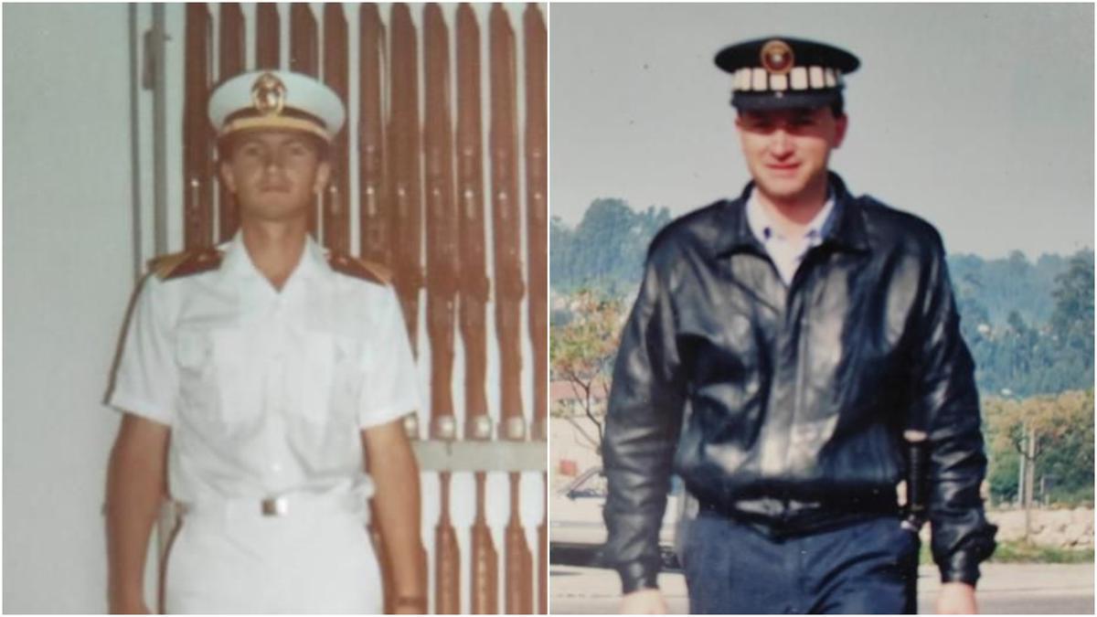 A la izquierda, Casás en la Escuela de Aplicación de Infantería de Marina, en San Fernando (Cádiz) en 1984. A la derecha, de uniforme en A Xunqueira en 1992. Cedidas