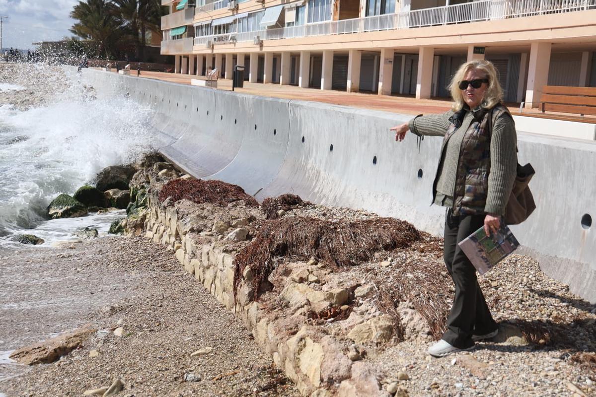 Cristina Knutsson, presidenta de la asociación de vecinos Serra Grossa-Albufereta, señala el nuevo muro.