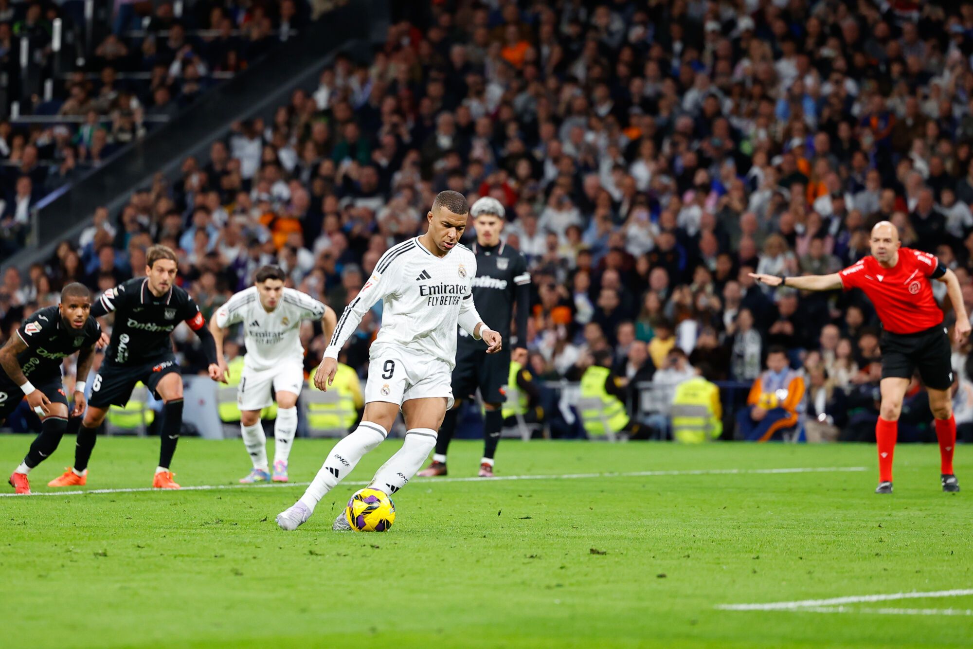 Kylian Mbappe of Real Madrid scores a penalty goal during the Spanish League, LaLiga EA Sports, football match played between Real Madrid and CD Leganes at Santiago Bernabeu stadium on March 29, 2025, in Madrid, Spain. AFP7 29/03/2025 ONLY FOR USE IN SPAIN. Dennis Agyeman / AFP7 / Europa Press;2025;SPAIN;SPORT;ZSPORT;SOCCER;ZSOCCER;Real Madrid v CD Leganes - LaLiga EA Sports;