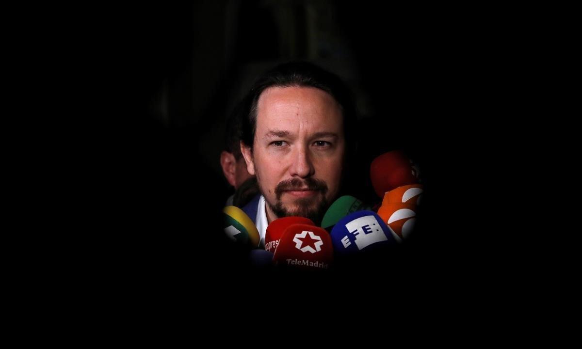 Pablo Iglesias, secretario general de Podemos, durante el desayuno informativo con Isabel Serra, candidata por Unidas Podemos-Izquierda Unida-Madrid en Pie a la Presidencia de Madrid.