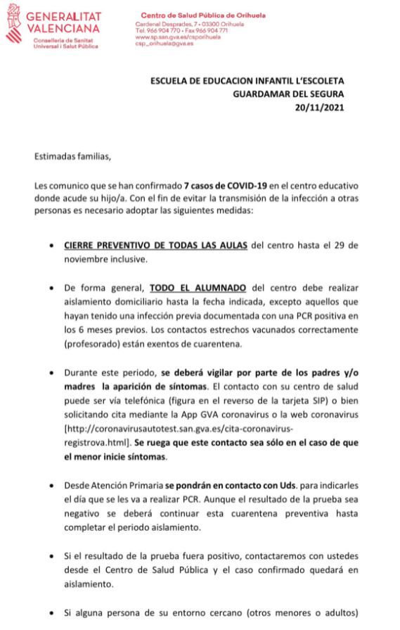 Imagen de la primera página del comunicado recibido por las familias y difundido ayer en sus redes sociales por el alcalde y el Ayuntamiento 