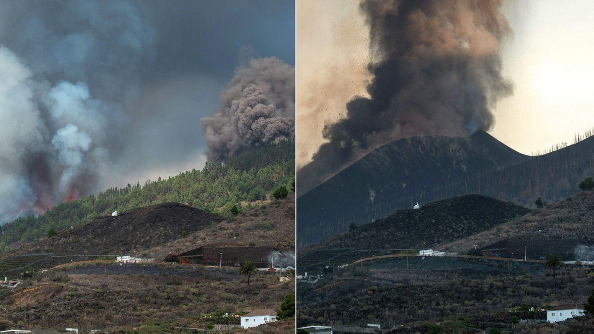 Fotografies d’AFP preses al mateix punt, Los Llanos de Aridane (La Palma), amb menys d’una setmana de diferència: la primera, el 19 de setembre, dia de l’erupció, i la segona, aquest dissabte 25 de setembre