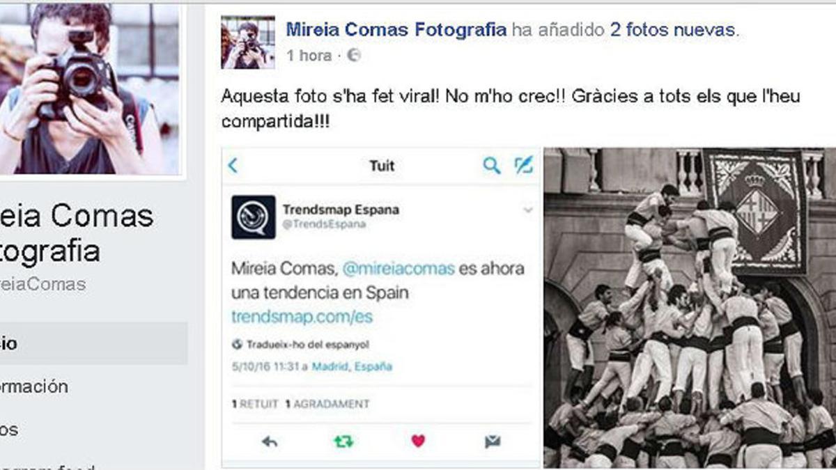 Captura de la página de Facebook de Mireia Comas, la autora del beso viral de los 'castellers'.