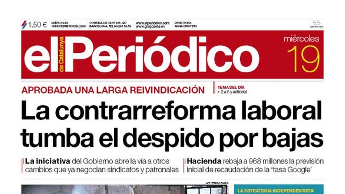 La portada de EL PERIÓDICO del 19 de febrero del 2020.