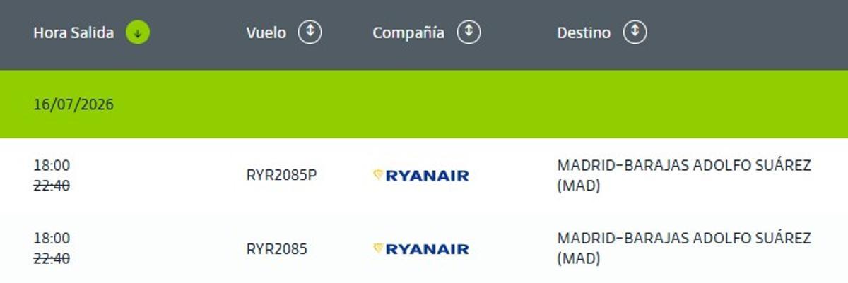 El vuelo programado para las 18 horas de este viernes, en la web de Aena.