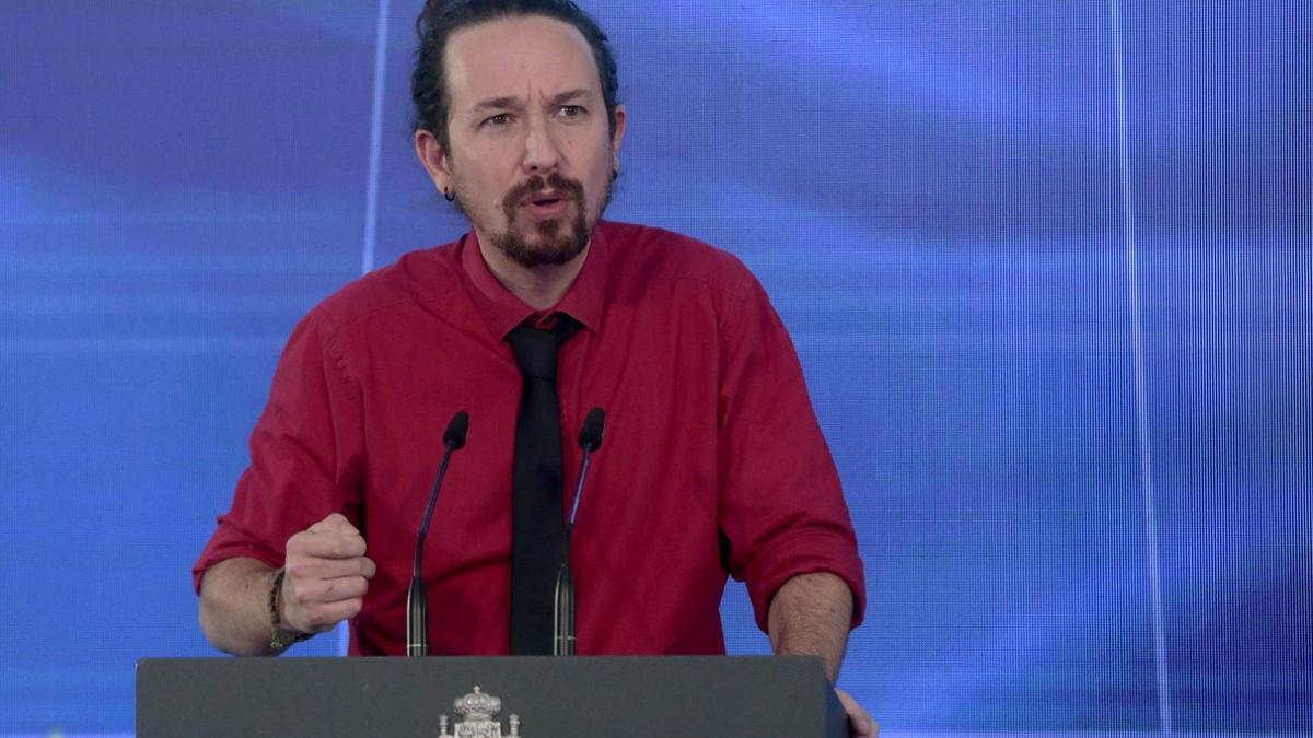 El vicepresidente segundo del Gobierno, Pablo Iglesias, durante la presentación del plan de recuperación, este 7 de octubre en la Moncloa.