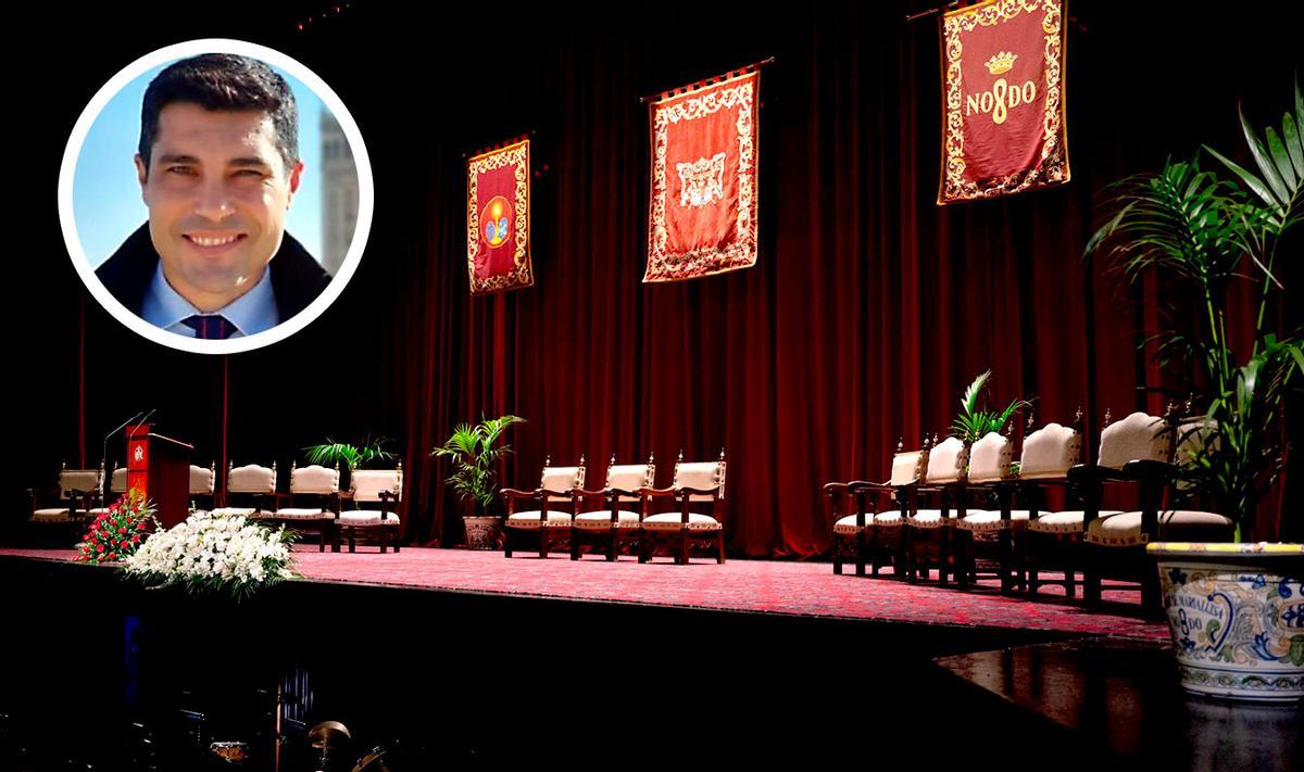 José Antonio Rodríguez y el escenario del Teatro de la Maestranza justo antes del pregón, en una imagen de archivo.