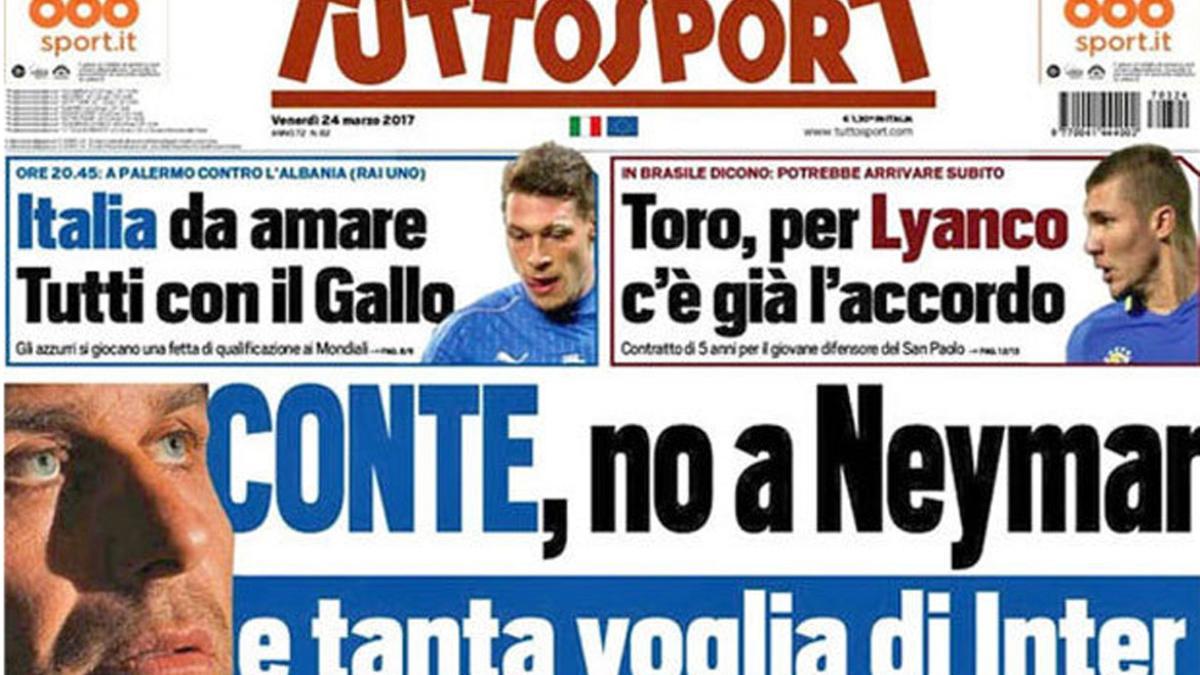 La portada de Tuttosport en la que recogen el interés del Inter en Conte y de Abramovich en Neymar