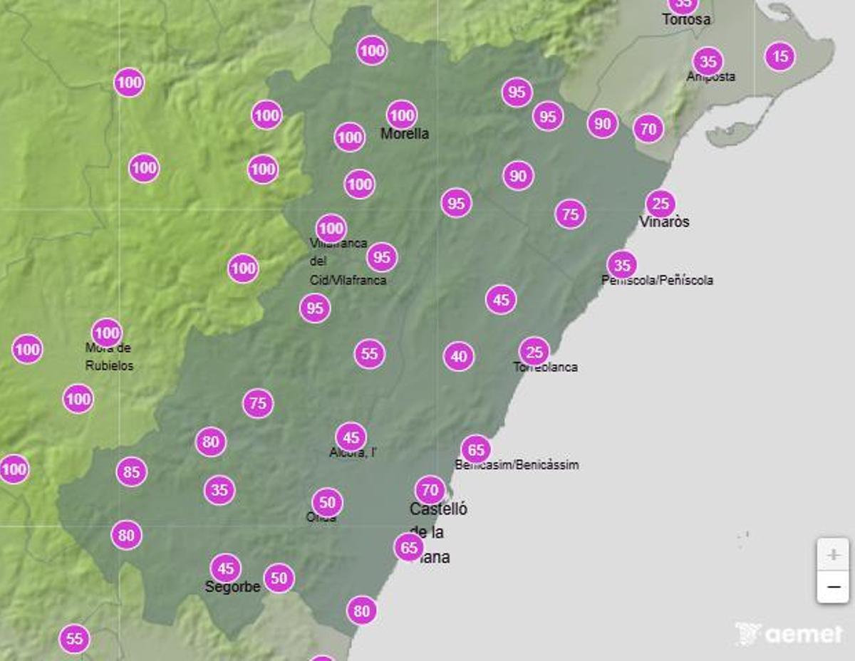 Probabilidad de lluvia en Castellón entre las 6.00 y las 12.00 horas.