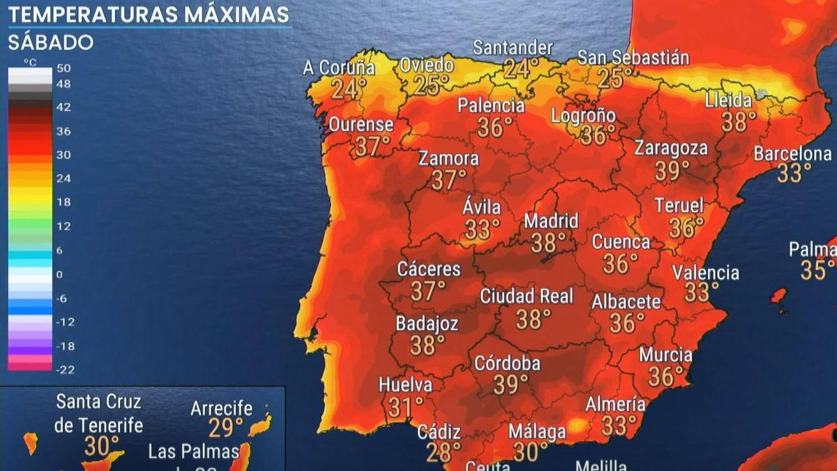 El mapa de España con las temperaturas previstas para hoy sábado, 6 de agosto, el día de más calor