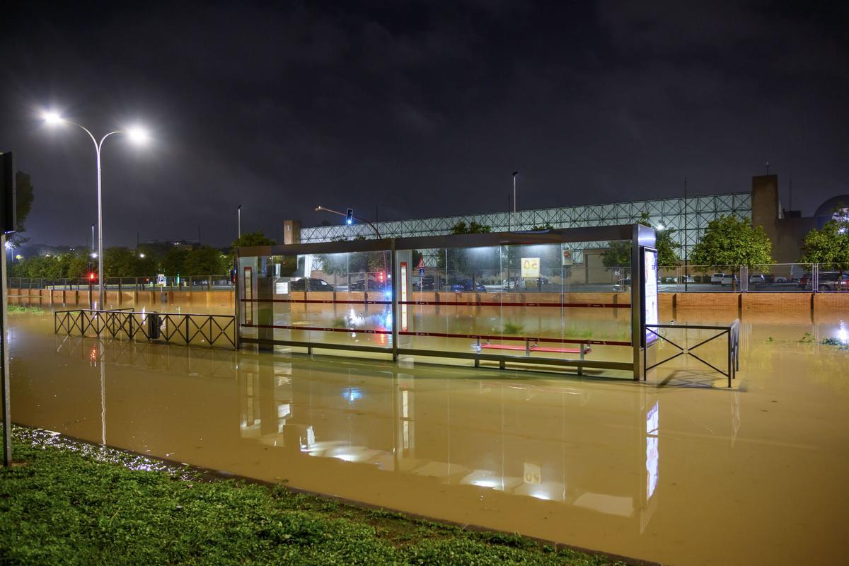Inundación de la avenida Luis Uruñuela, a la altura del Palacio de Congresos (FIBES), en Sevilla