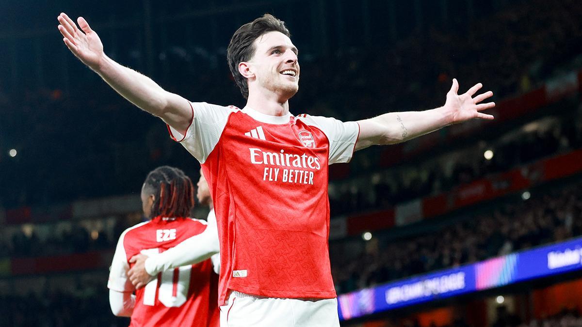 Declan Rice del Arsenal celebra tras marcar el 2-0 ante el Bayer Leverkusen en el partido de Champions League