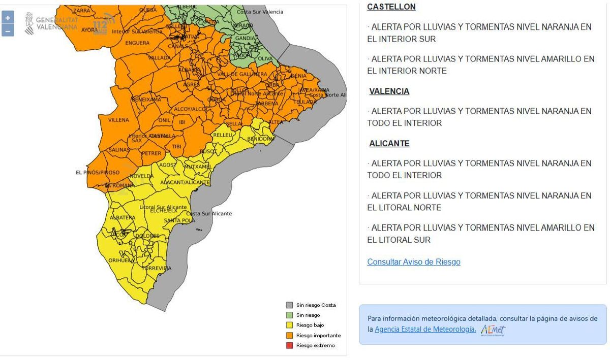 Mapa con la alerta amarilla y naranja activada por la Generalitat