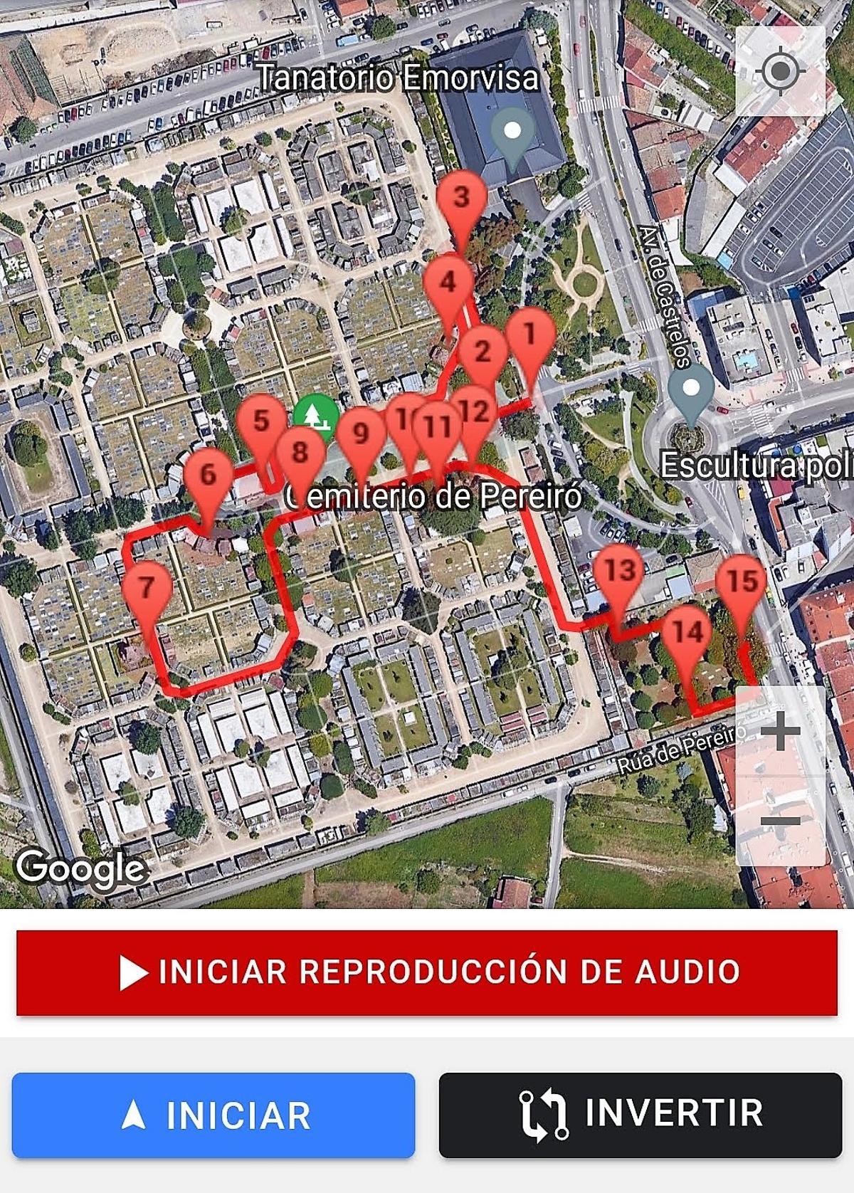 Mapa con los puntos de interés del cementerio de Pereiró de Vigo a través de los que se puede realizar la ruta interactiva