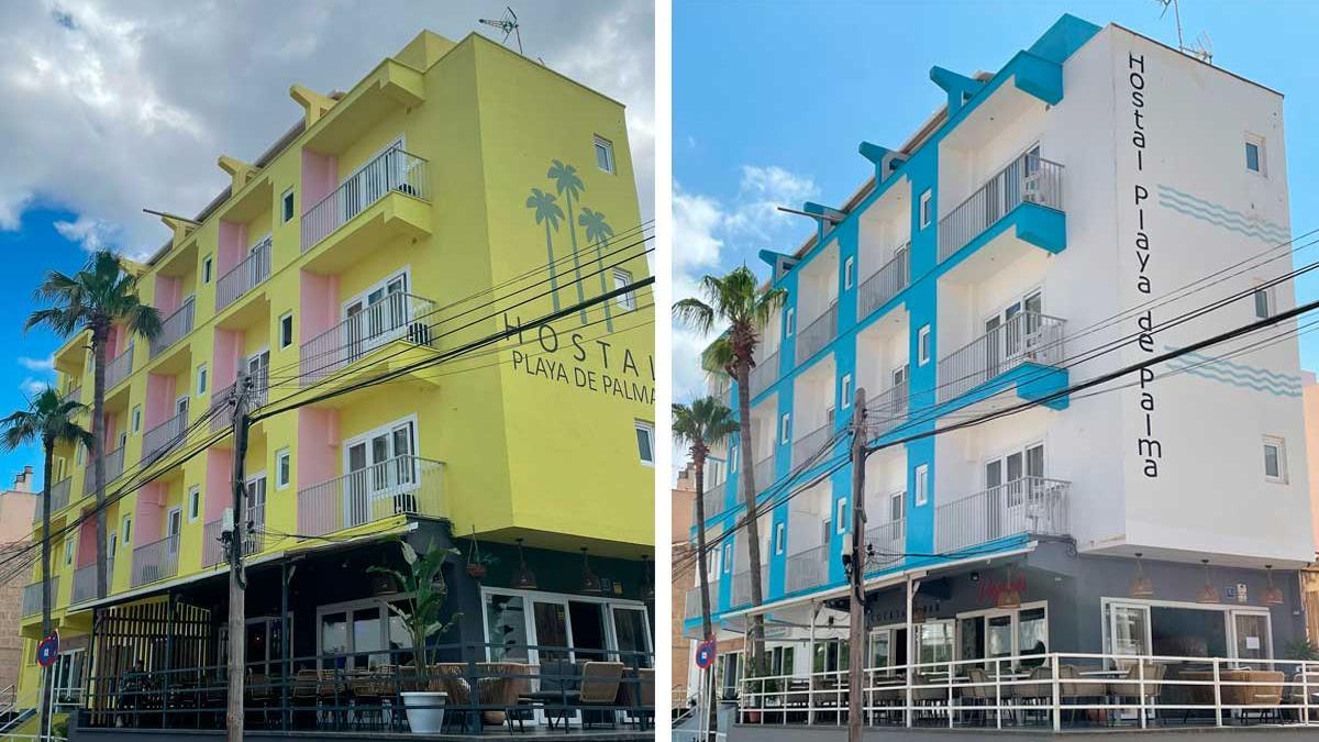 Links: das Hostal Playa de Palma in neuem Look. Rechts: So sah das Hostal vorher aus.