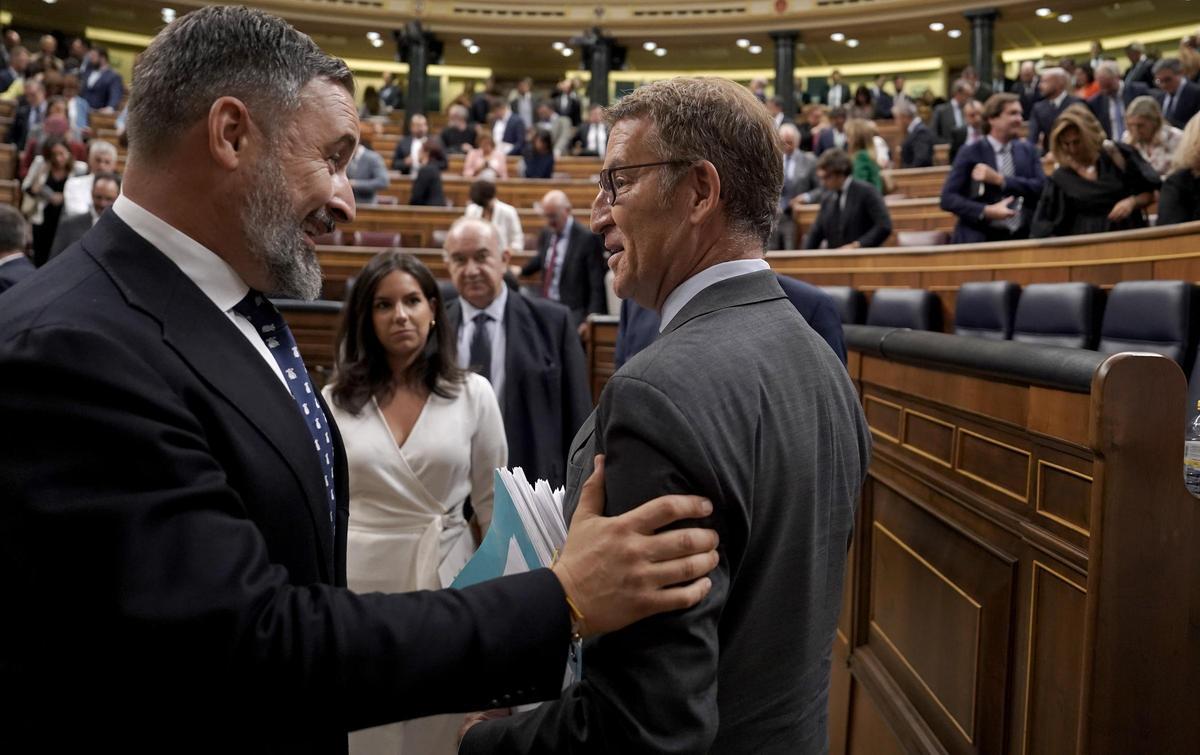 El líder del PP, Alberto Nuñéz-Feijóo y el líder de Vox, Santiago Abascal en el Congreso de los diputados