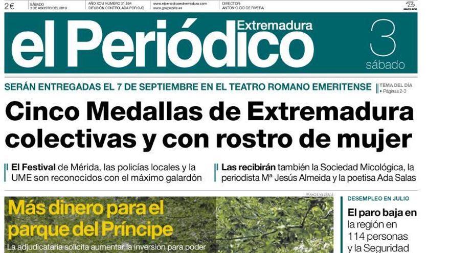 Esta es la portada de EL PERIÓDICO EXTREMADURA correspondiente al día 3 de agosto del 2019