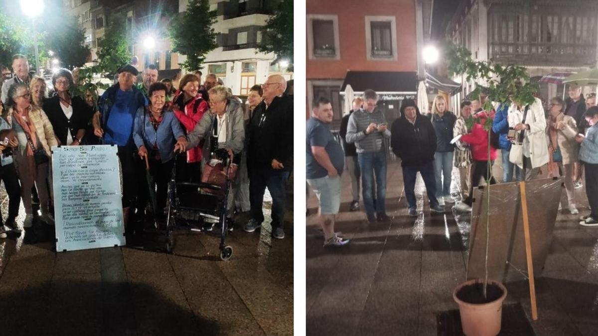 Grupo de los polesos congregados esta noche en Les Campes. A la derecha de la imagen, el tiesto con el &quot;roblín&quot;.