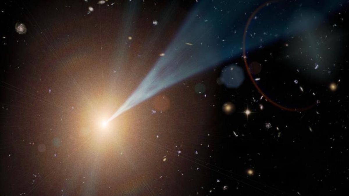 Un agujero negro supermasivo activo, con un chorro que sale casi a la velocidad de la luz. Estos chorros pueden apuntar en cualquier dirección: si lo hacen directamente hacia la Tierra, el objeto se denomina blázar.