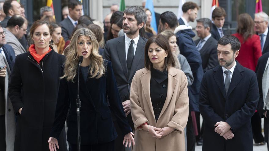 La vicepresidenta segunda del Gobierno y ministra de Trabajo, Yolanda Díaz, la ministra de Sanidad, Mónica García, el ministro de Cultura, Ernest Urtasun, la ministra de Juventud e Infancia, Sira Rego, y el ministro de Consumo y Agenda 2030, Pablo Bustinduy.