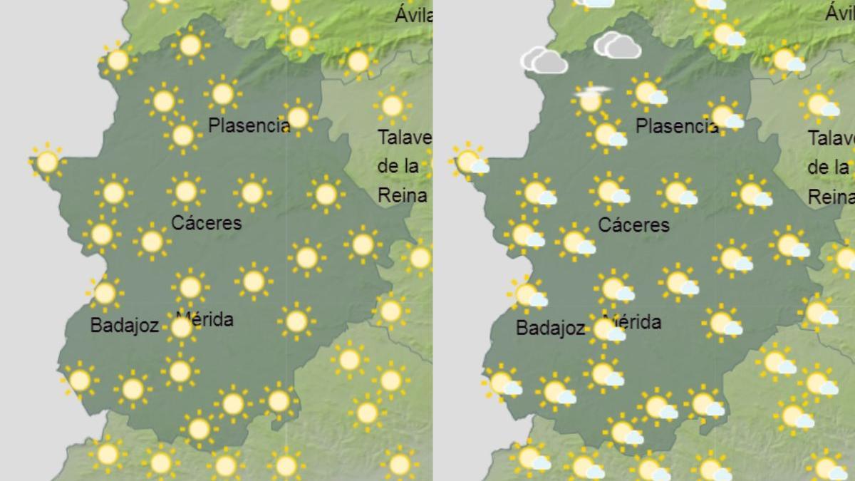 Previsión meteorológica en Extremadura: a la izquierda el mapa del sábado y a la derecha del domingo.