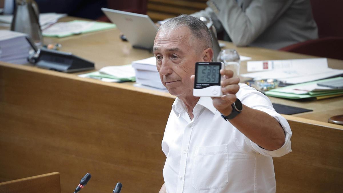 El síndic de Compromís, Joan Baldoví, enseña la temperatura que hace en el pleno de las Corts.