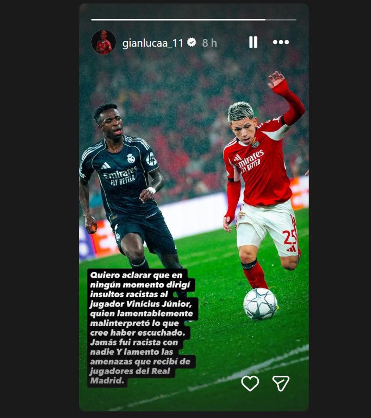 Reacción de Gianluca Prestianni en su Instagram.