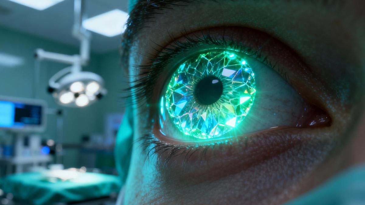 Recreación artística de una córnea bioimpresa en 3D durante una intervención oftalmológica, simbolizando cómo la biotecnología permite devolver la luz a pacientes con ceguera corneal.