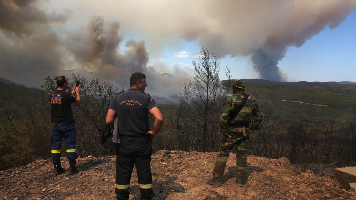 Bomberos observan el incedio del bosque de Dadia (Grecia).