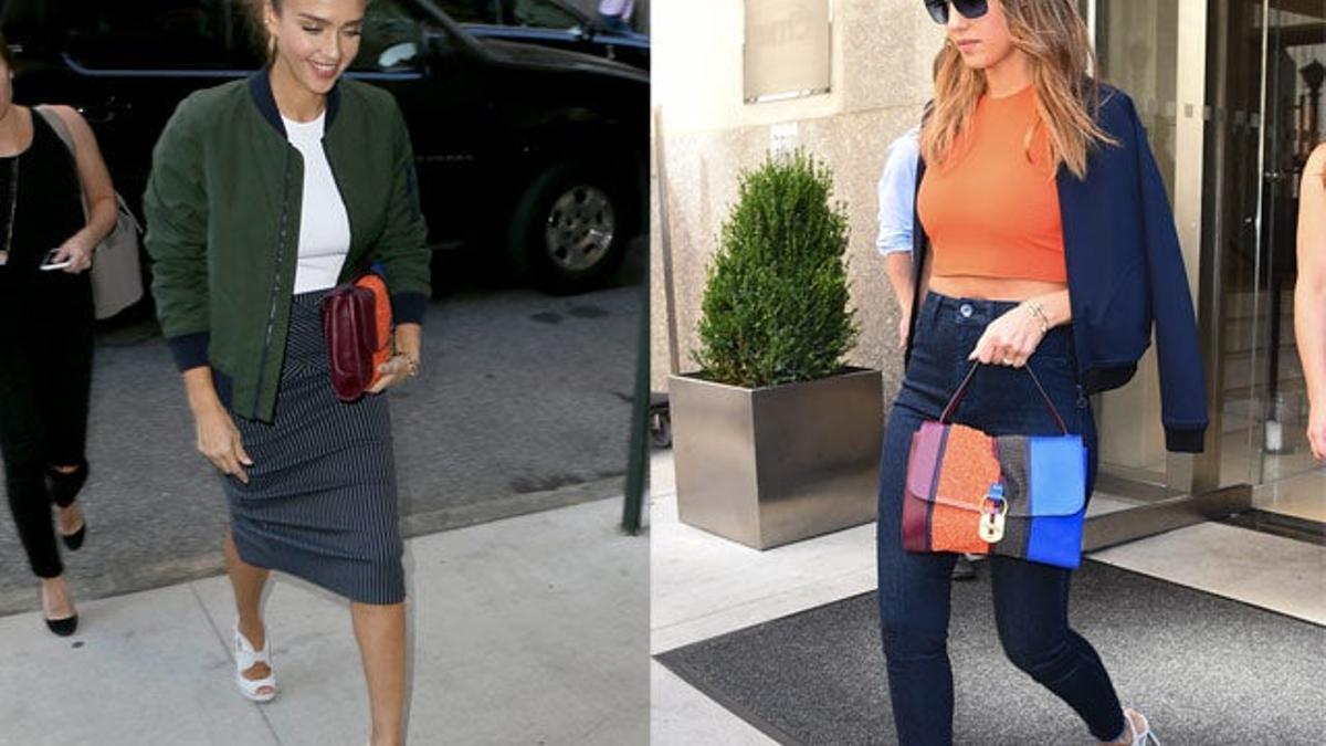 Jessica Alba. Dos bombers, dos looks