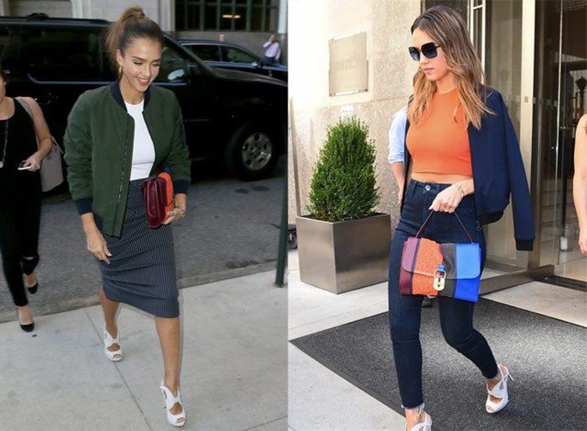 Jessica Alba. Dos bombers, dos looks