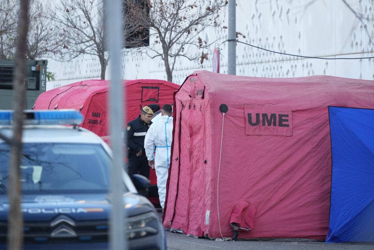 Trabajadores en las instalaciones provisionales de la UME junto al Instituto de Medicina Legal de Córdoba.