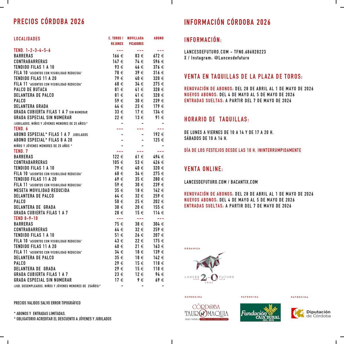 Precios de los festejos de la feria taurina de Córdoba.
