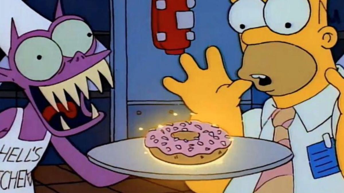 Homer, vendiendo su alma al diablo por un dónut.